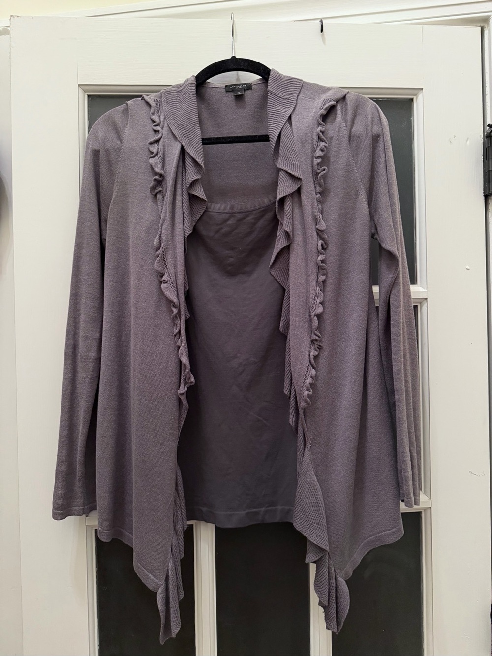 Ann Taylor Grey Ruffle-Trim Cardigan with Matching Shell